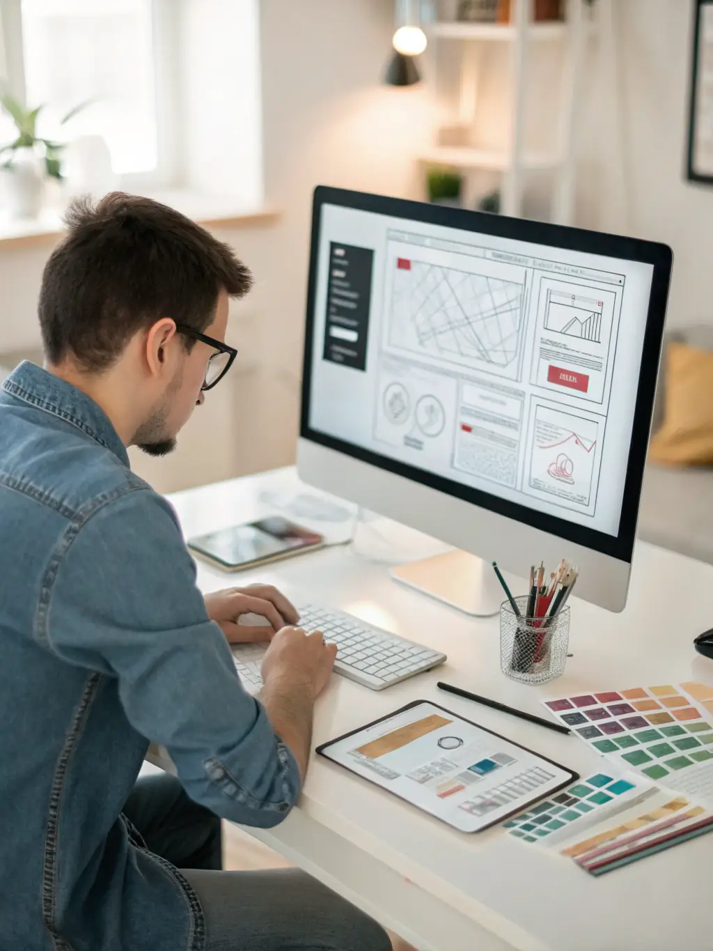A designer working on a wireframe on a large monitor, with colorful UI elements displayed, showcasing Frixals' UI/UX design services.