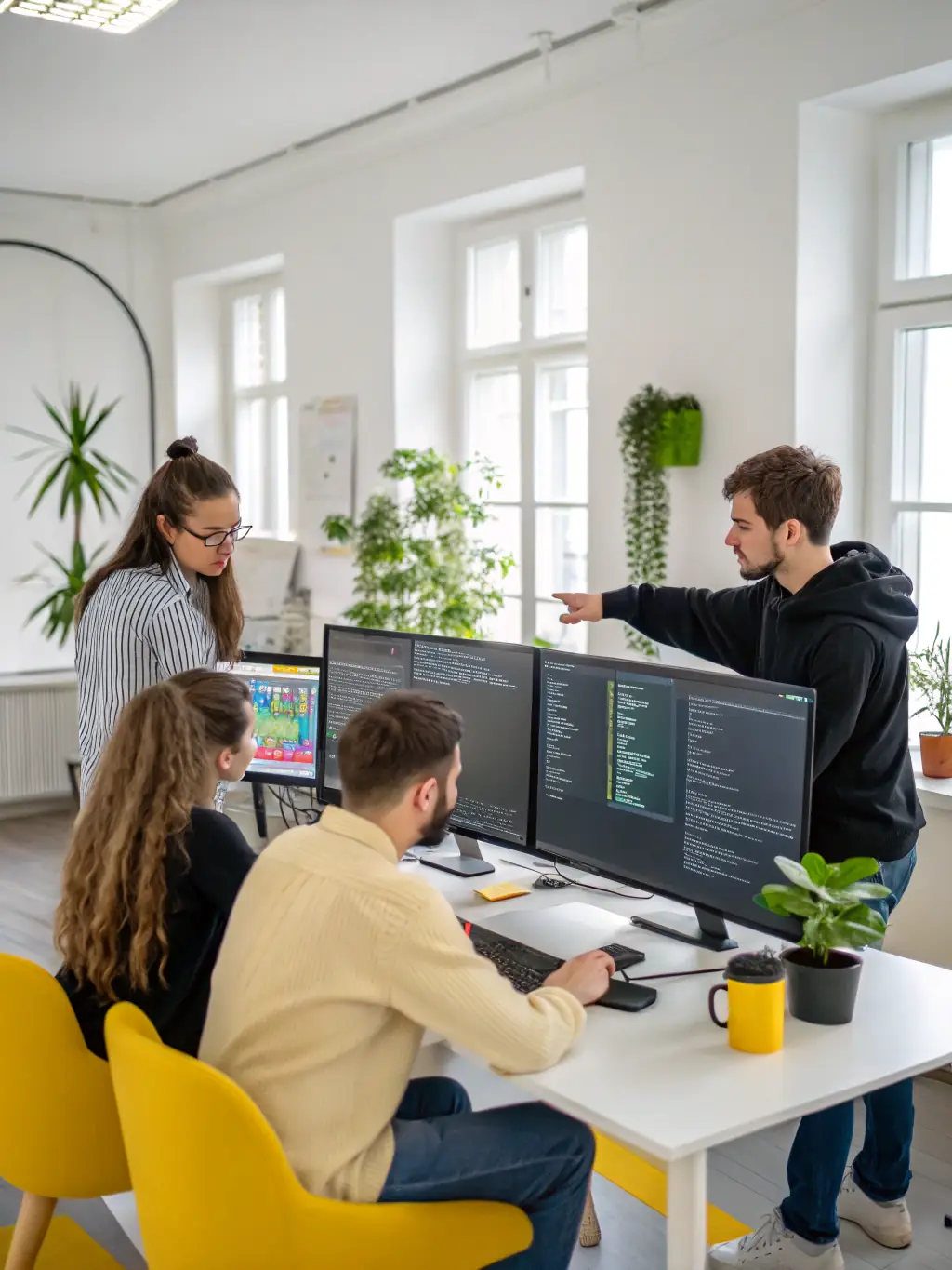 An image showing a team of developers collaborating over a digital interface with code and diagrams, representing Frixals' technical solutions.