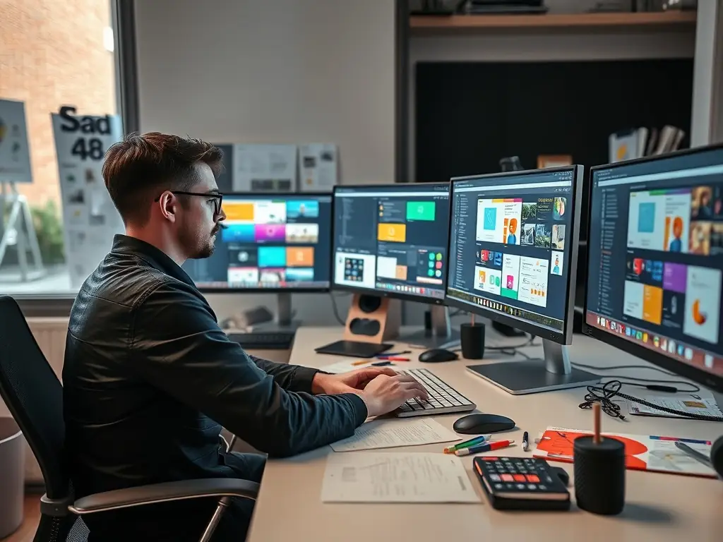 A designer at Frixals working on UI/UX design on a computer, showcasing wireframes and user interface elements.