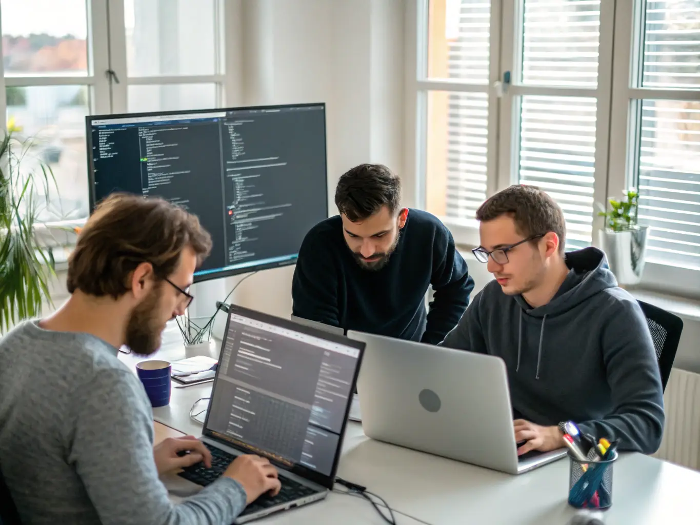 An image showing a team of developers collaborating over a digital interface with code and diagrams, representing Frixals' technical solutions.