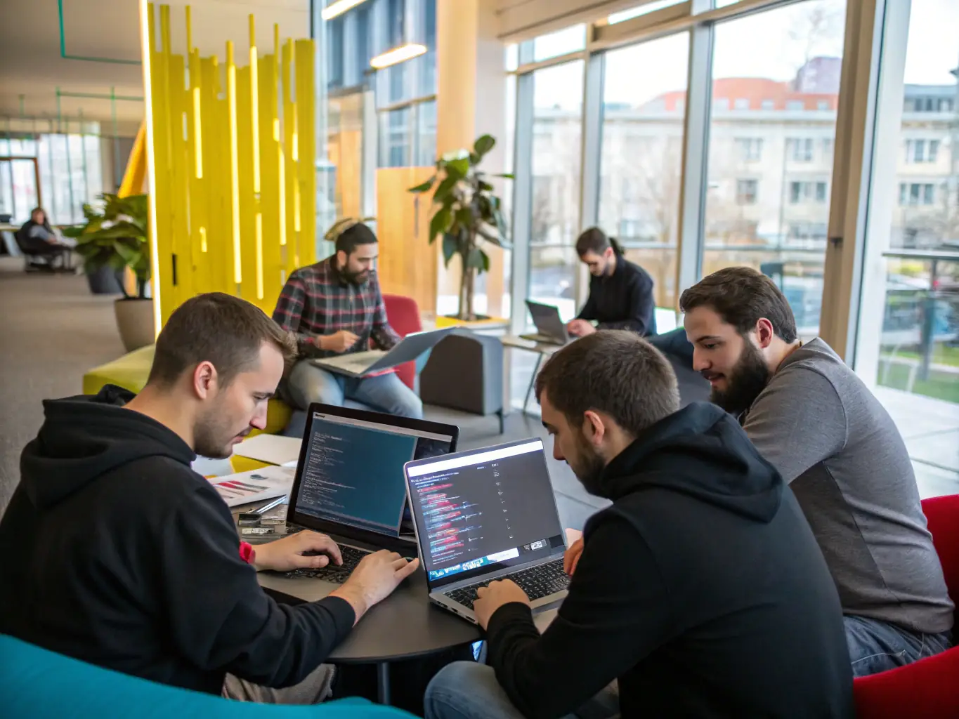 A team of Frixals developers working on a digital product, with various devices and screens displaying the product's interface.