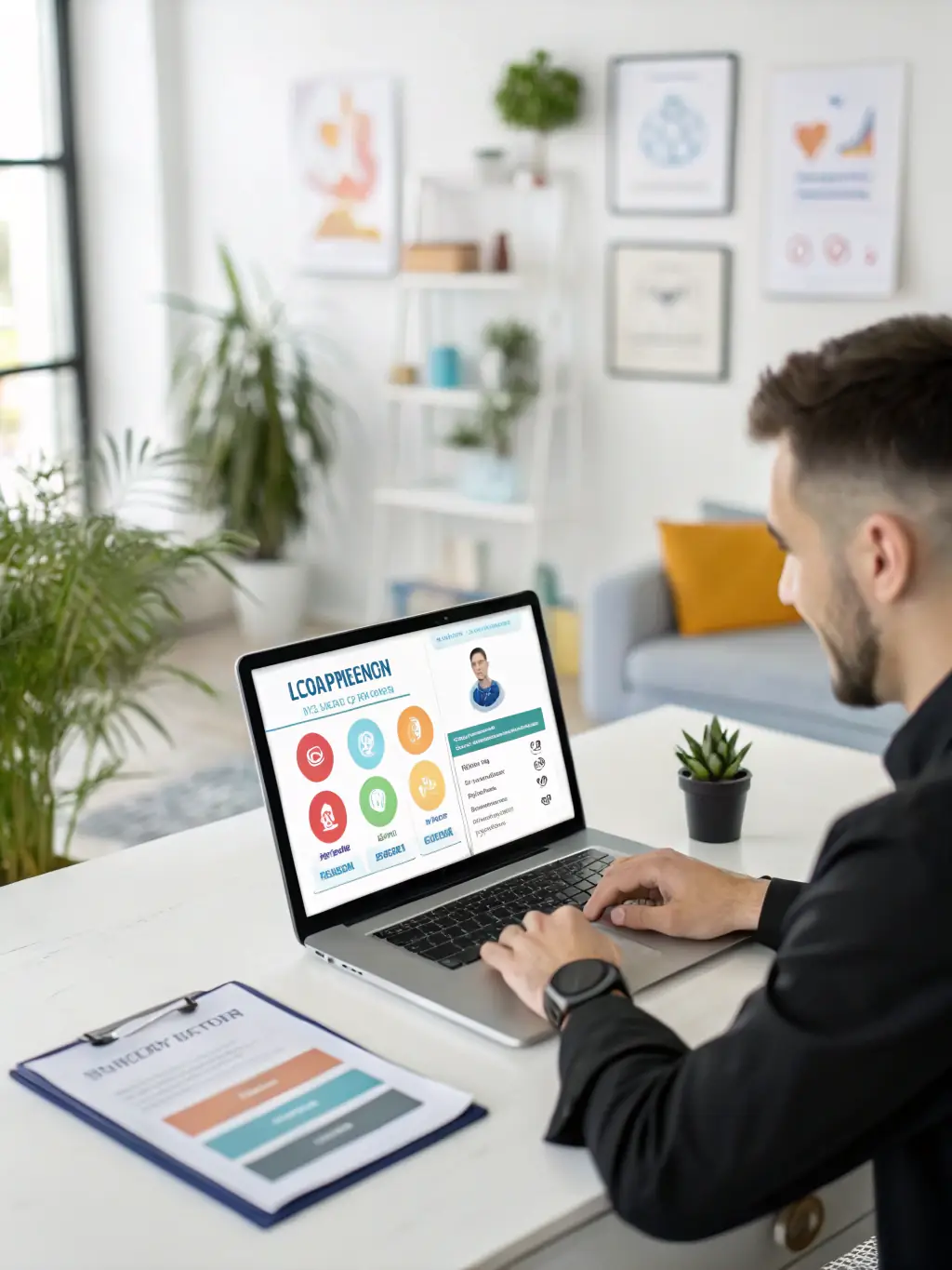 A recruiter conducting an interview with a candidate via video call, with a background of a modern office, representing Frixals' talent engagement services.