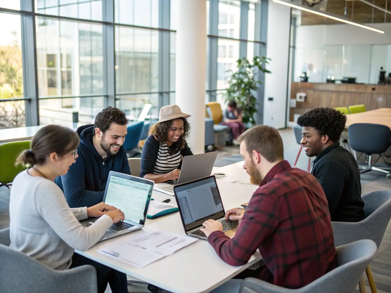 A diverse team of skilled tech professionals working collaboratively in a modern office environment, highlighting talent engagement and streamlined onboarding processes.