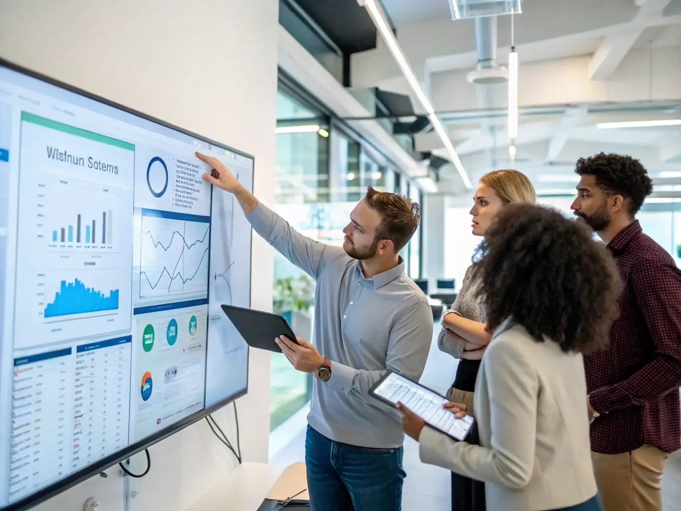 A team of Frixals consultants collaborating on a technical solution in a modern office setting, with diagrams and code snippets visible on a large screen.